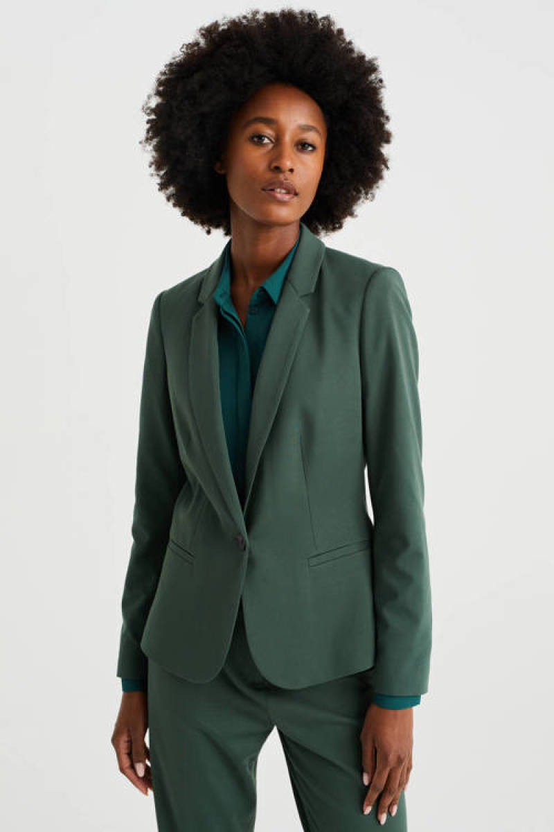 WE Fashion jersey getailleerde Liz blazer met stretch donkergroen