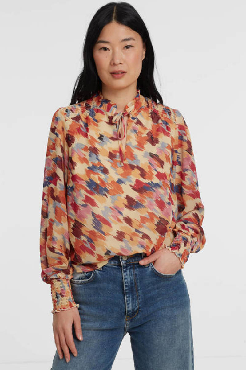 VILA geweven top VICATARINA met all over print en ruches bruin/roze/terra