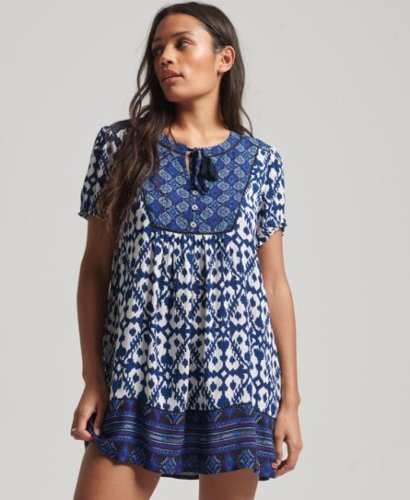 Superdry jurk met all over print en franjes blauw/wit