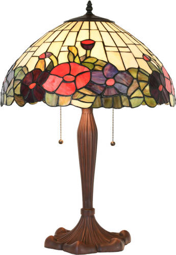 Clayre & Eef Lumilamp Tiffany Tafellamp Ø 42x60 Cm Beige Rood Glas Kunststof Rond Bloemen Tiffany Bureaulamp Tiffany Lampen Glas In