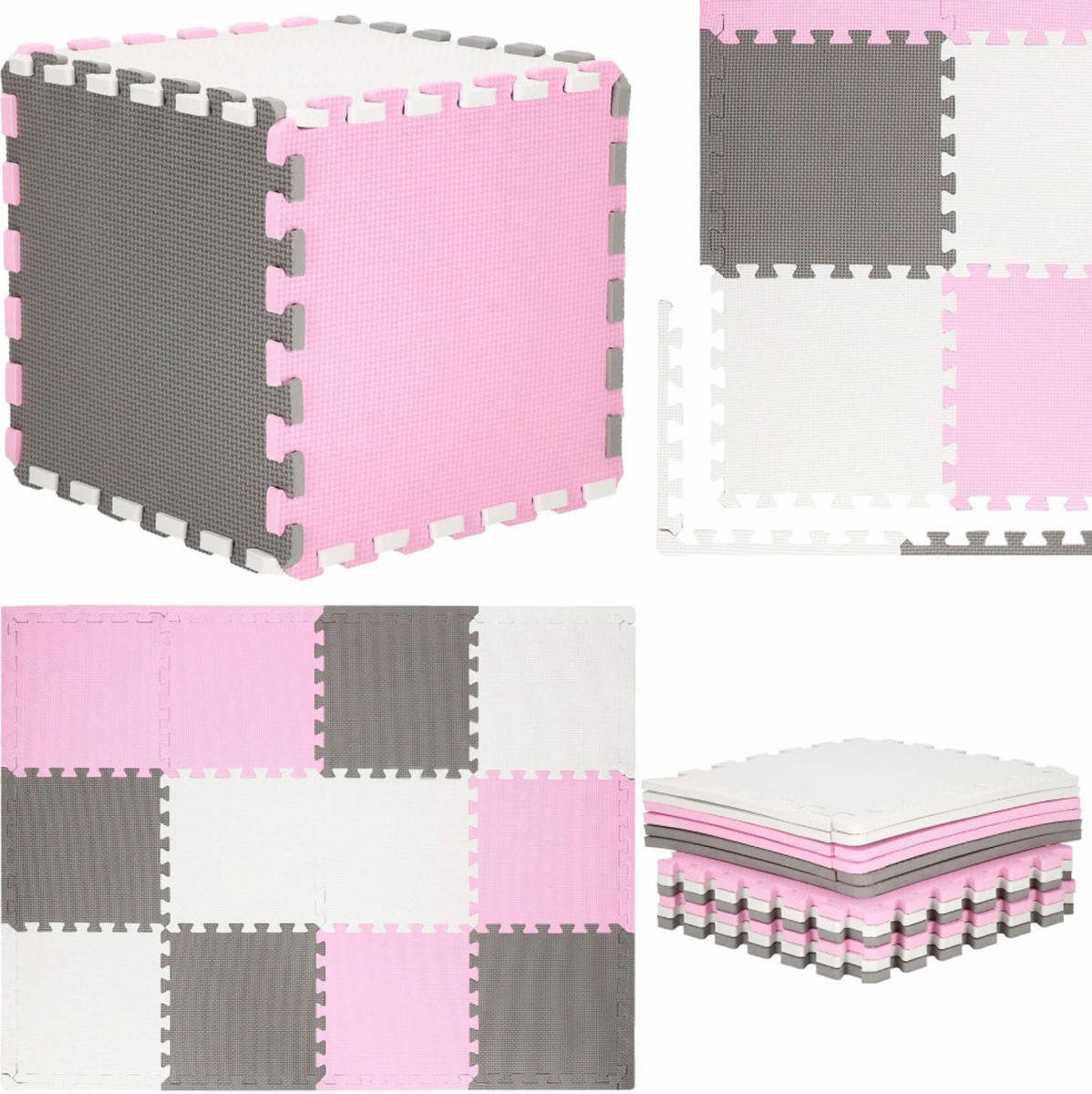 Springos Speelmat Speelmat Foam Puzzelmat 12 Puzzelstukken 118 X 90 Cm Roze/grijs/wit