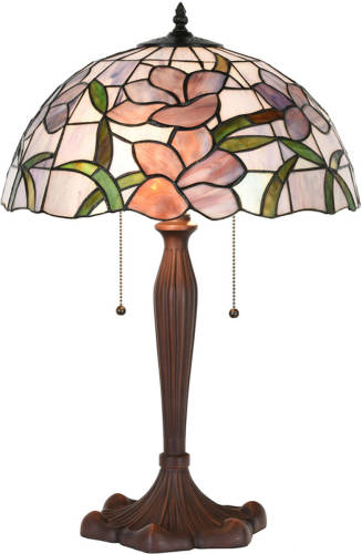 Clayre & Eef Lumilamp Tiffany Tafellamp Ø 40x60 Cm Roze Glas Kunststof Rond Bloemen Tiffany Bureaulamp Tiffany Lampen Glas In Lood