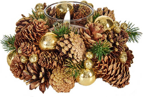 Arte r Kerst Thema Kaarsenhouder Ornament Gold/green Nature 19 X 19 X 9 Cm - Waxinelichtjeshouders