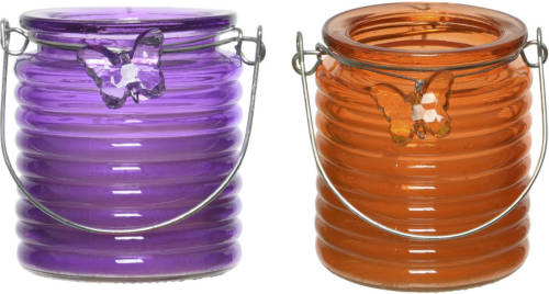 Decoris Set Van 2x Stuks Citronella Anti Muggen Kaarsen Windlicht Paars En Oranje 20 Branduren - Geurkaarsen