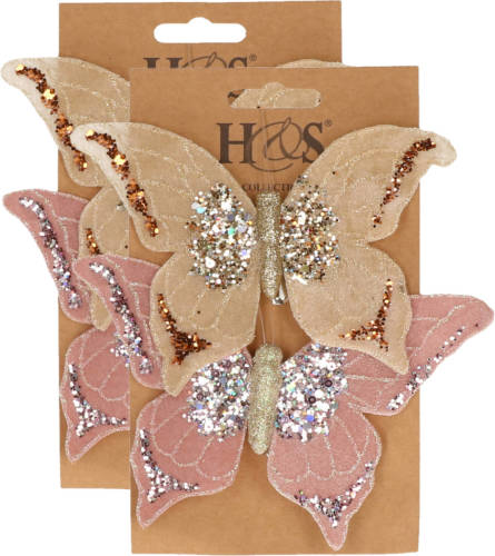 H&S Collection 4x Stuks Kunststof Decoratie Vlinders Op Clip Roze En Beige 10 X 15 Cm - Kunstbloemen