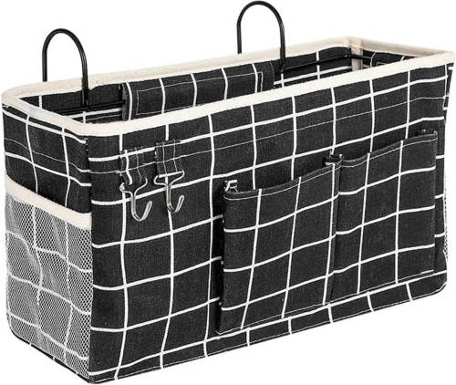 FLOKOO Bedside Pocket - Bed Opbergzak - Katoen - Zwart Met Witte Ruitjes