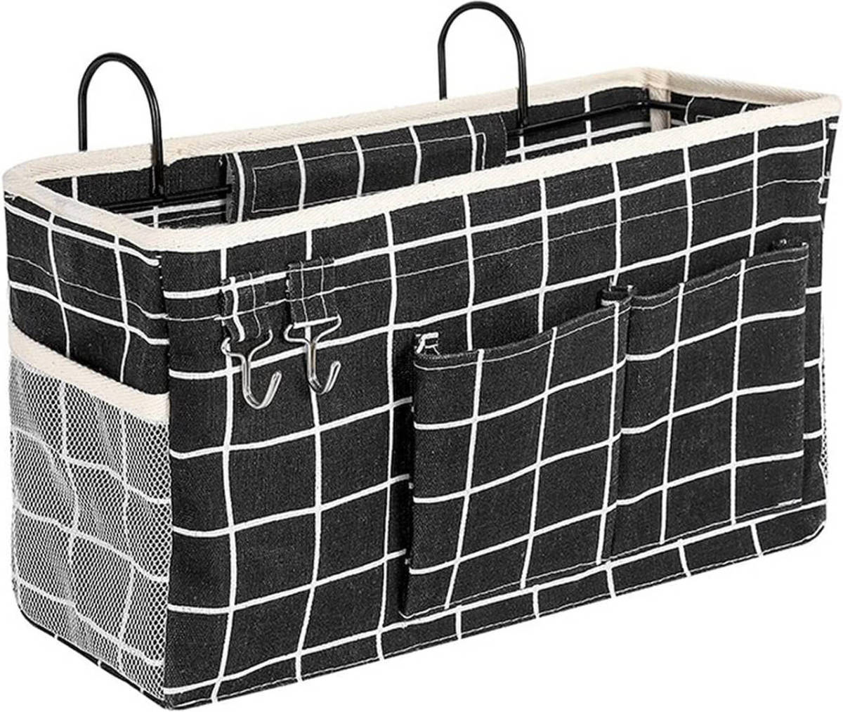 FLOKOO Bedside Pocket - Bed Opbergzak - Katoen - Zwart Met Witte Ruitjes