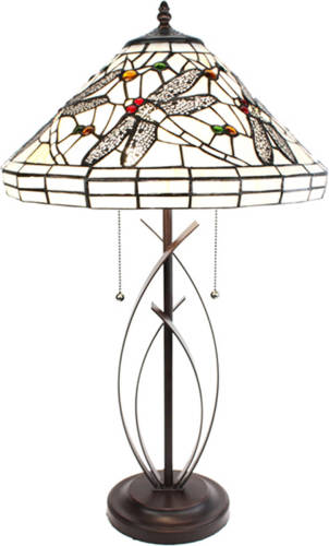 Clayre & Eef Lumilamp Tiffany Tafellamp Ø 41x69 Cm Beige Zwart Glas Metaal Rond Libelle Tiffany Bureaulamp Tiffany Lampen Glas In