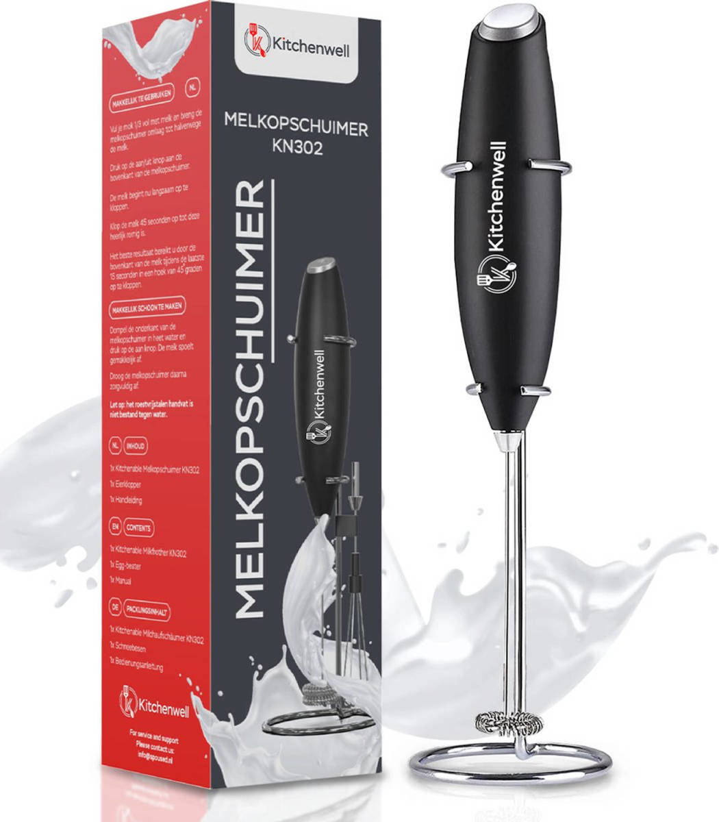 Kitchenwell Elektrische Melkopschuimer - Inclusief Rvs Houder & Eierklopper - Zwart