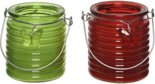 Decoris Set Van 2x Stuks Citronella Anti Muggen Kaarsen Windlicht Groen En Rood 20 Branduren - Geurkaarsen