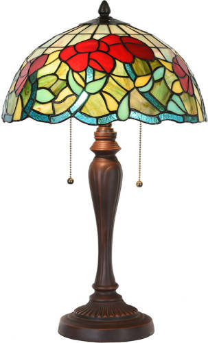 Clayre & Eef Lumilamp Tiffany Tafellamp Ø 35x58 Cm Groen Rood Glas Kunststof Rond Tiffany Bureaulamp Tiffany Lampen Glas In Lood