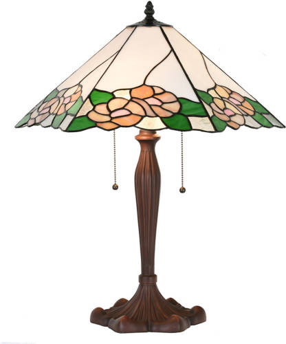 Clayre & Eef Lumilamp Tiffany Tafellamp 44x61x64 Cm Wit Groen Glas Kunststof Rond Bloemen Tiffany Bureaulamp Tiffany Lampen Glas In