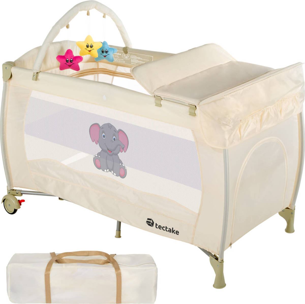 Tectake Reisbed Babybed Campingbed Reisbedje Dodo Beige - 402204 - 132x75x104cm Incl. Draagtas