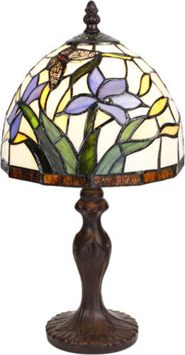 Clayre & Eef Lumilamp Tiffany Tafellamp Ø 20x36 Cm Beige Blauw Glas Rond Bloemen Tiffany Bureaulamp Tiffany Lampen Glas In Lood