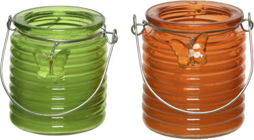 Decoris Set Van 2x Stuks Citronella Anti Muggen Kaarsen Windlicht Groen En Oranje 20 Branduren - Geurkaarsen