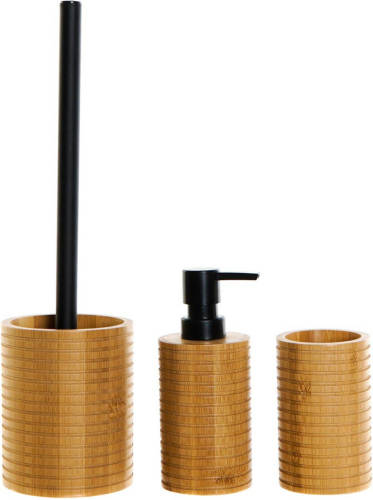 Items Wc/toiletborstel Met Zeeppompje/beker - Naturel/zwart - Bamboe Hout - Toiletborstels