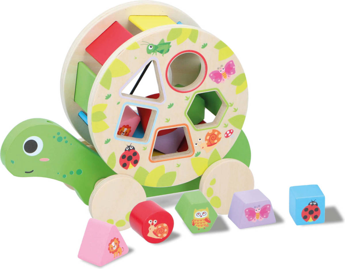 Marionette Wooden Toys Vormenstoof Schildpad - Met Wieltjes - 5 Blokken - Houten Speelgoed