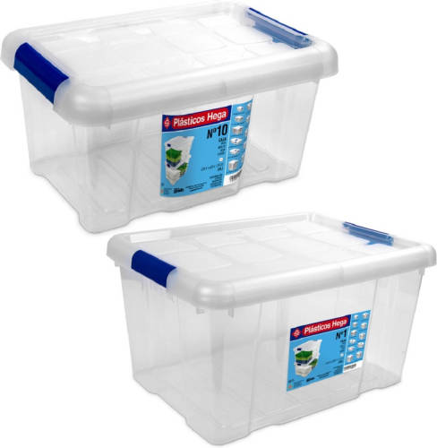Hega Hogar 4x Opbergboxen/opbergdozen Met Deksel 5 En 16 Liter Kunststof Transparant/blauw - Opbergbox