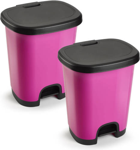 Forte Plastics 2x Stuks Afvalemmer/vuilnisemmer/pedaalemmer 18 Liter In Het Roze/zwart Met Deksel En Pedaal - Pedaalemmers