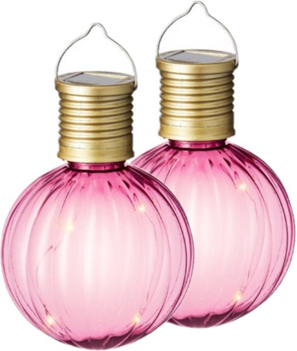 Lumineo 2x Buiten Led Roze Lampion Solar Verlichting 11 Cm - Lampionnen