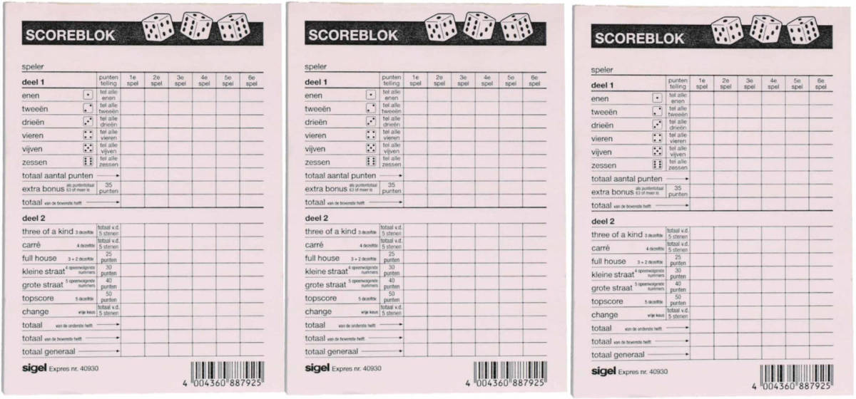 Sigel 3x Scoreblokken Yahtzee 100 Vellen - Dobbelspellen