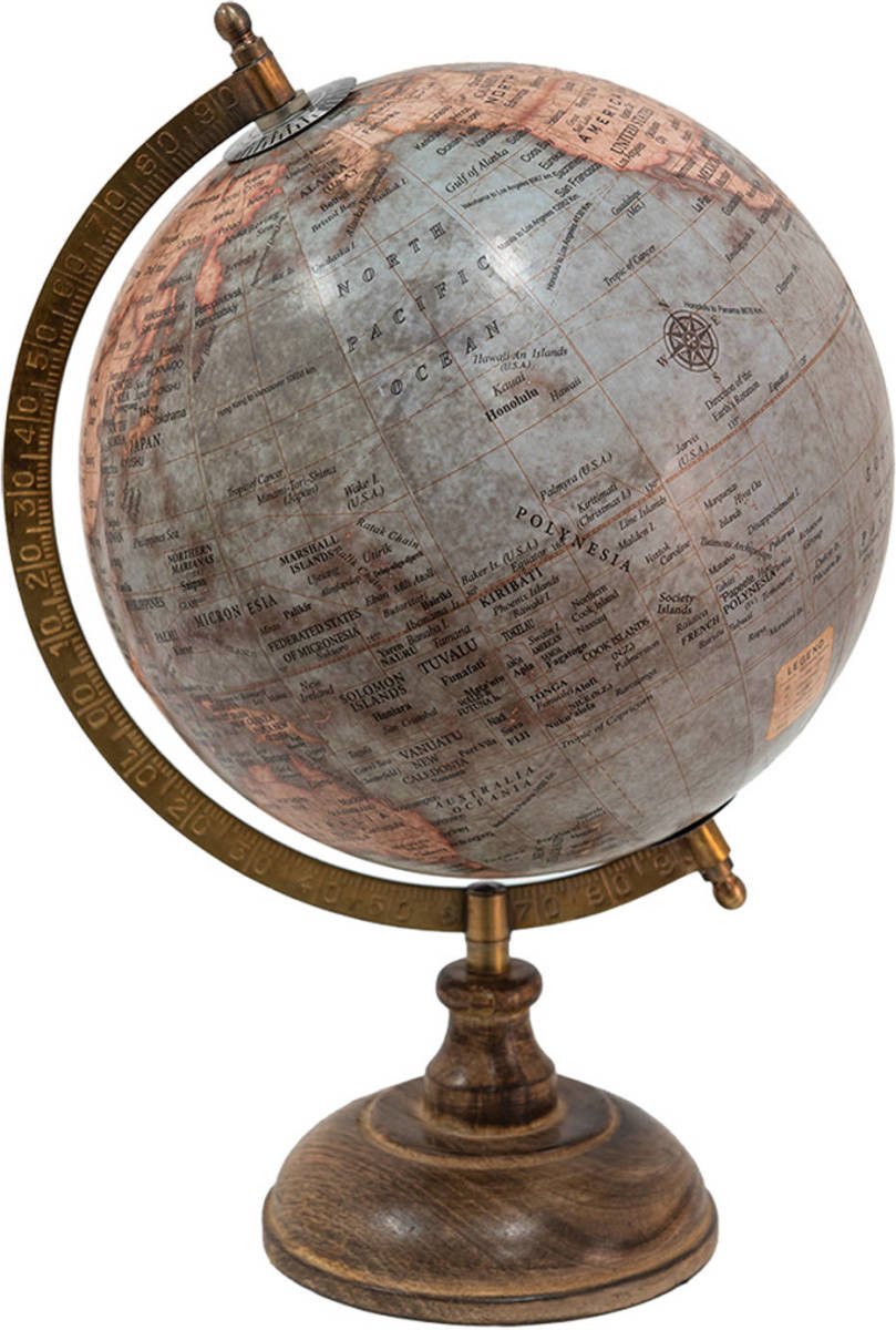 Clayre & Eef Wereldbol 22x37 Cm Blauw Roze Hout Ijzer Rond Globe Aardbol Woonaccessoires Blauw Globe Aardbol
