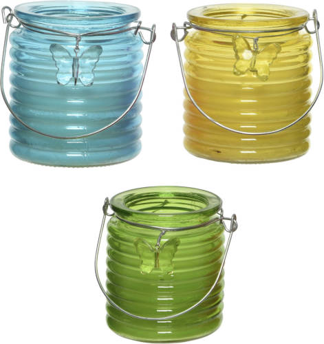 Decoris Set Van 3x Stuks Citronella Anti Muggen Kaarsen Windlicht Blauw, Geel En Groen 20 Branduren - Geurkaarsen