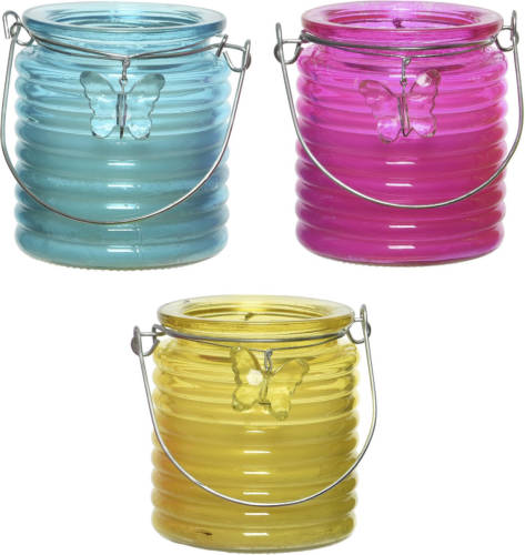 Decoris Set Van 3x Stuks Citronella Anti Muggen Kaarsen Windlicht Blauw, Roze En Geel 20 Branduren - Geurkaarsen