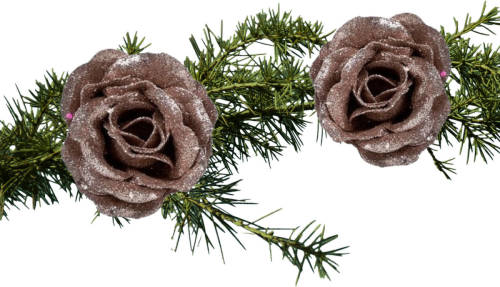 Shoppartners 2x Stuks Kerstboom Bloemen/rozen Op Clip Oudroze Glitters 7 Cm - Kunstbloemen