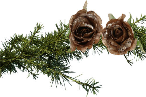 Shoppartners 2x Stuks Kerstboom Bloemen Roos Goud Bruin Glitter Op Clip 10 Cm. - Kunstbloemen