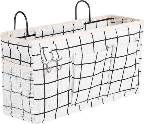 FLOKOO Bedside Pocket - Bed Opbergzak - Katoen - Wit Met Zwarte Ruitjes