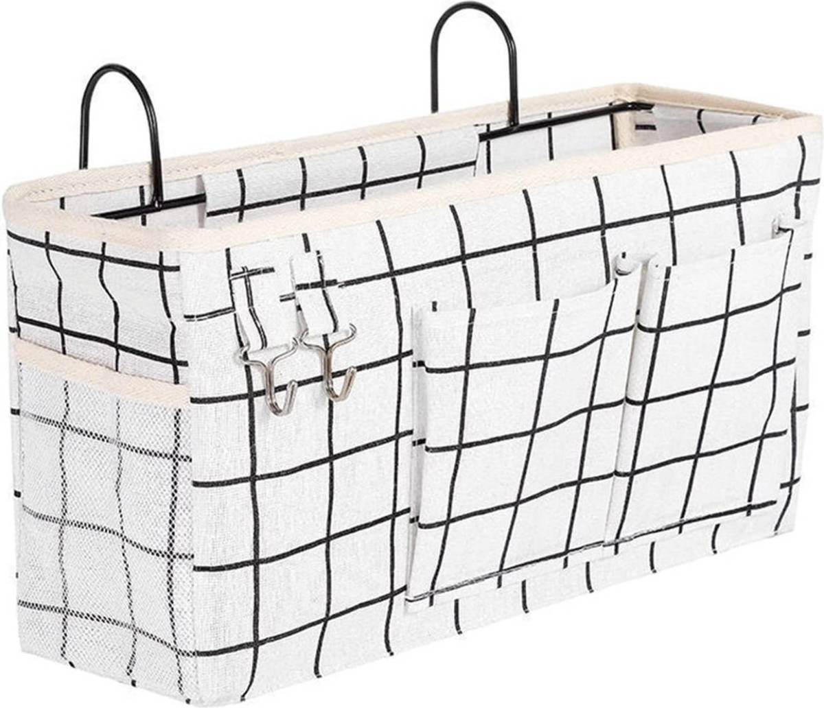 FLOKOO Bedside Pocket - Bed Opbergzak - Katoen - Wit Met Zwarte Ruitjes