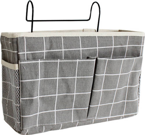 FLOKOO Bedside Pocket - Bed Opbergzak - Katoen - Grijs Met Witte Ruitjes