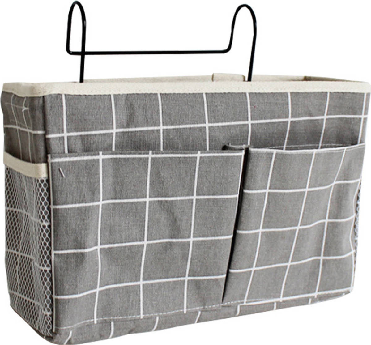 FLOKOO Bedside Pocket - Bed Opbergzak - Katoen - Grijs Met Witte Ruitjes