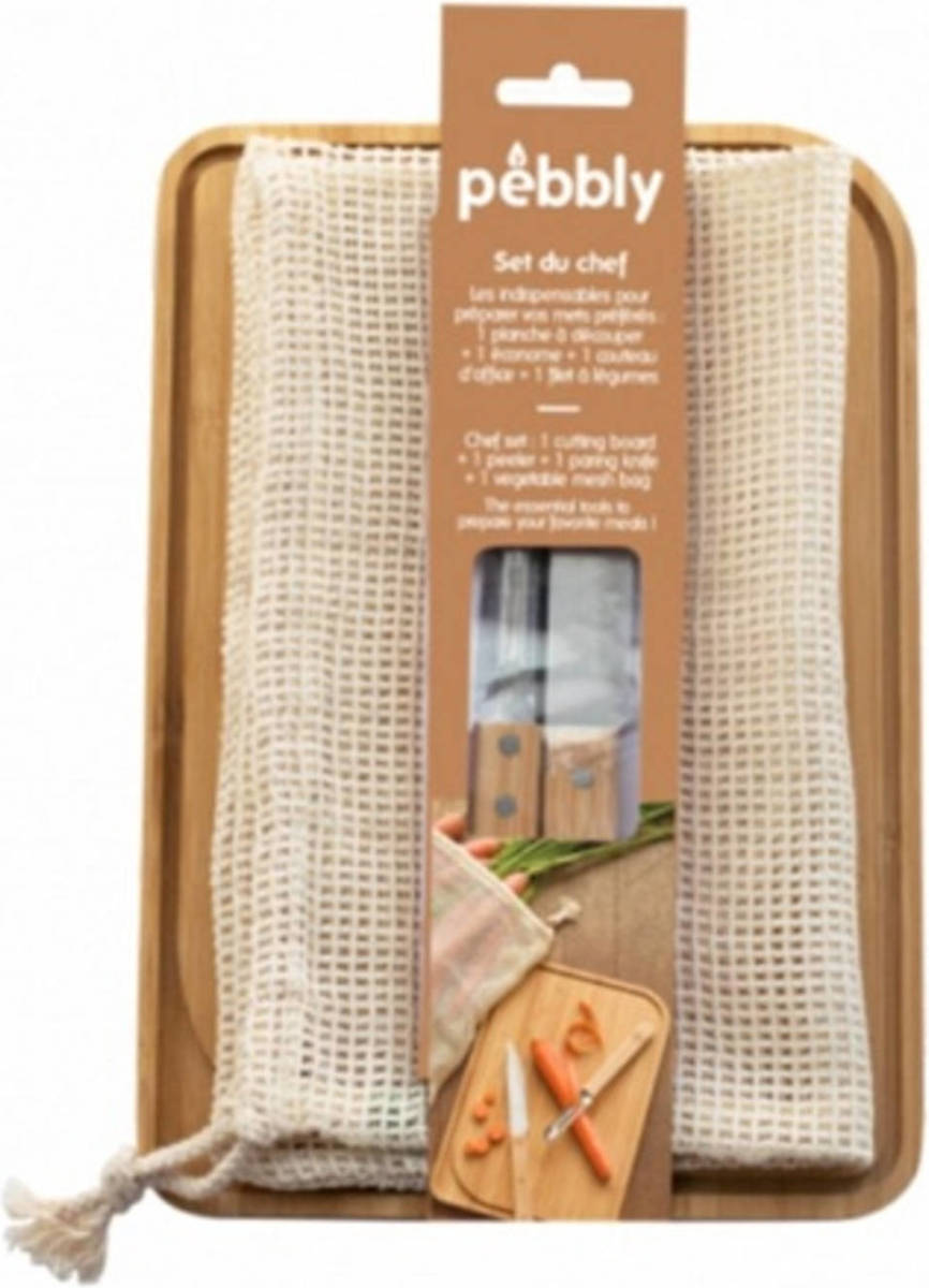 Pebbly - Snijplank Inclusief Schilmesje, Dunschiller En Bewaarzak, Bamboe, 28 X 20 Cm - Pebbly