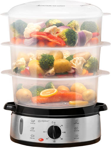 Alpina Stoomkoker - 230v/800w - 3-laags Food Steamer - Bpa-vrij - Vaatwasser Bestendig - Timer - 9 Liter Inhoud