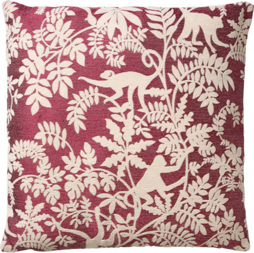 Dutch Decor - Abu - Sierkussen 45x45 Cm - Merlot - Rood - Wit - Aapjes - Bladeren - Botanisch