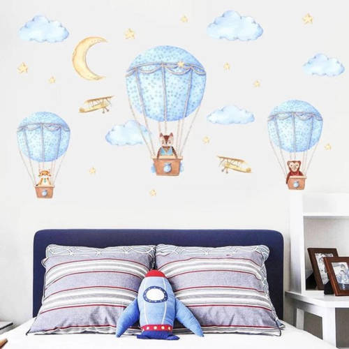 Tofok Muursticker Luchtballonnen Met Dieren & Wolkjes Wanddecoratie Muurdecoratie Kinderkamer Babykamer