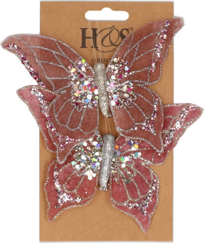 H&S Collection 2x Stuks Kunststof Decoratie Vlinders Op Clip Roze 10 X 15 Cm - Kunstbloemen