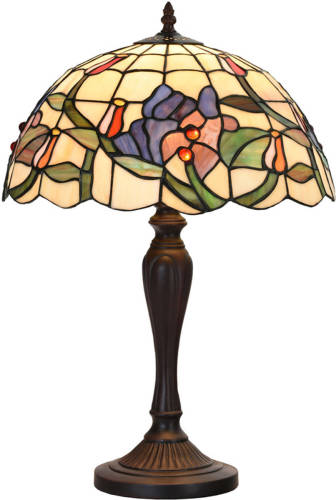 Clayre & Eef Lumilamp Tiffany Tafellamp Ø 35x53 Cm Beige Groen Glas Kunststof Rond Tiffany Bureaulamp Tiffany Lampen Glas In Lood