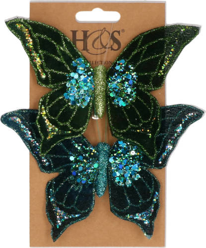 H&S Collection 2x Stuks Kunststof Decoratie Vlinders Op Clip Groen/blauw 10 X 15 Cm - Kunstbloemen