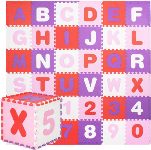 Springos Speelmat Speelmat Foam Puzzelmat 36 Stukken Letters & Cijfers 175 X 175 Cm Roze/rood/paars/wit
