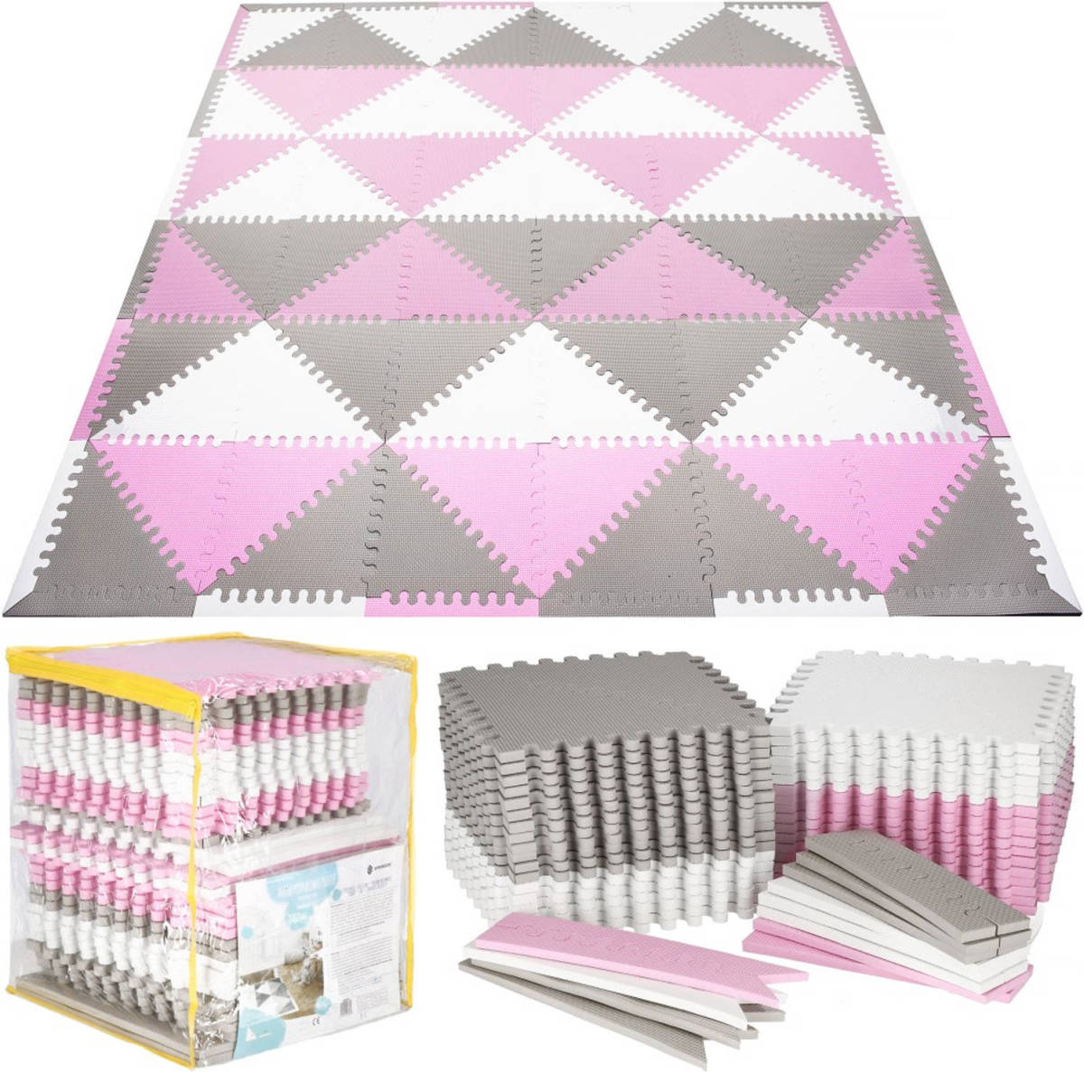 Springos Speelmat Speelmat Foam Puzzelmat 72 Puzzelstukken 182 X 182 Cm Grijs/wit/roze