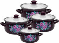 Silesia Klara 8 Delige Emaille Pannenset Retro Paars Met Bloemen