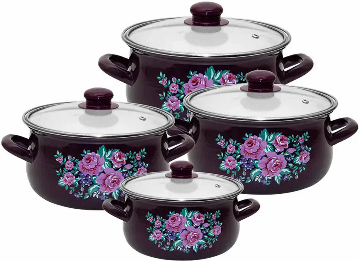 Silesia Klara 8 Delige Emaille Pannenset Retro Paars Met Bloemen
