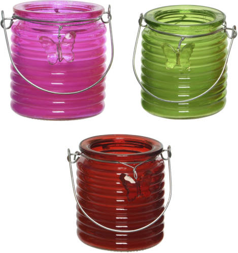 Decoris Set Van 3x Stuks Citronella Anti Muggen Kaarsen Windlicht Roze, Groen En Rood 20 Branduren - Geurkaarsen