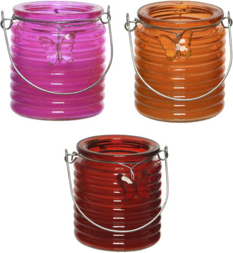 Decoris Set Van 3x Stuks Citronella Anti Muggen Kaarsen Windlicht Roze, Oranje En Rood 20 Branduren - Geurkaarsen