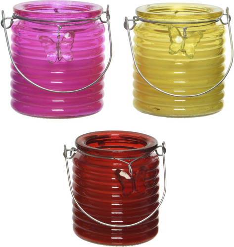 Decoris Set Van 3x Stuks Citronella Anti Muggen Kaarsen Windlicht Roze, Geel En Rood 20 Branduren - Geurkaarsen