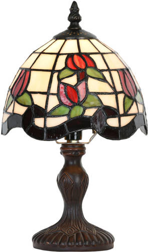 Clayre & Eef Lumilamp Tiffany Tafellamp Ø 18x30 Cm Beige Rood Glas Kunststof Bloemen Tiffany Bureaulamp Tiffany Lampen Glas In Lood