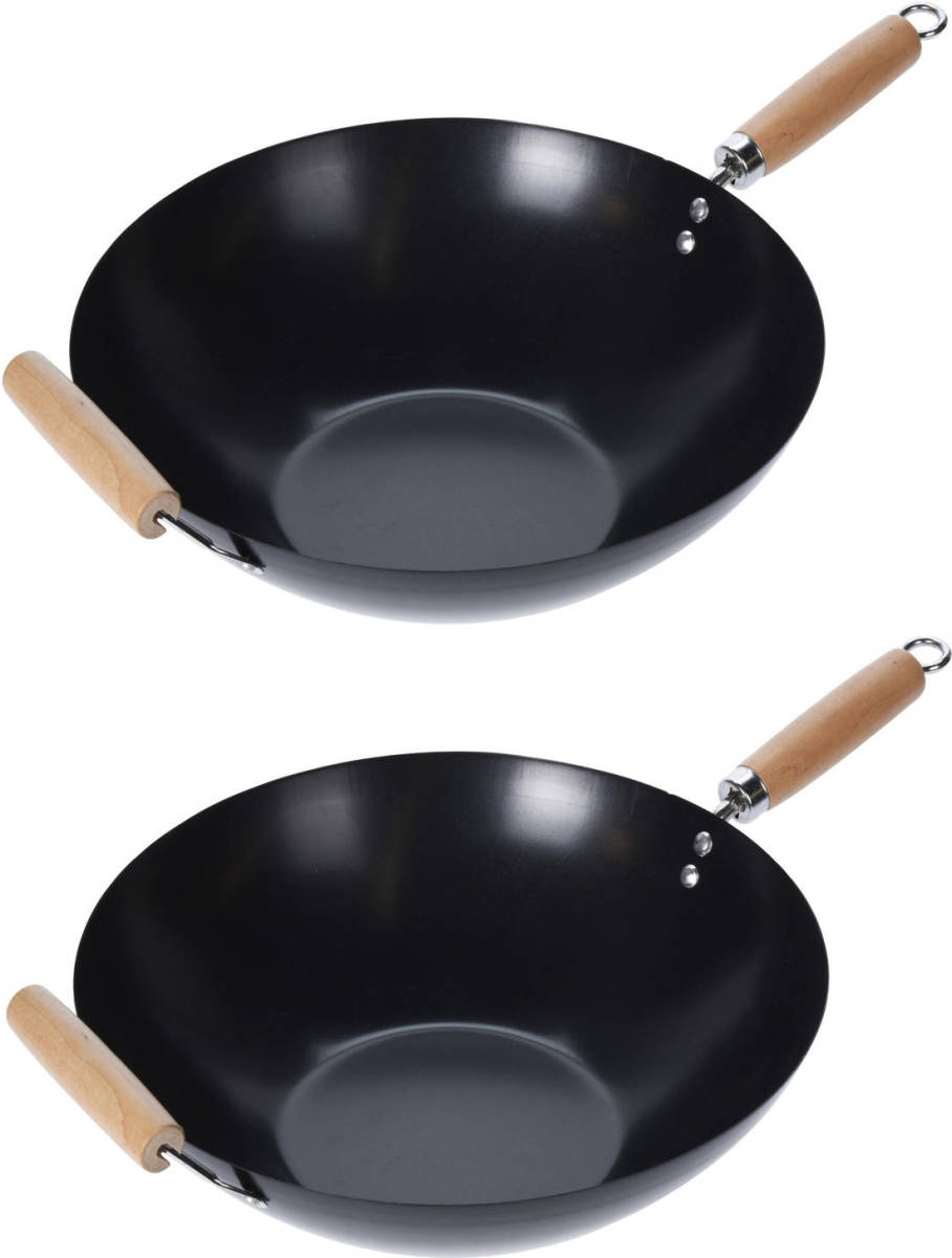Trendoz Set Van 2x Stuks Wokpannen/steelwokken Met Houten Handvatten 35 Cm - Steelpannen